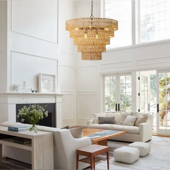 8-Light Dimmable Hand-Woven Rattan Tiered Chandelier - Picture 4 of 10